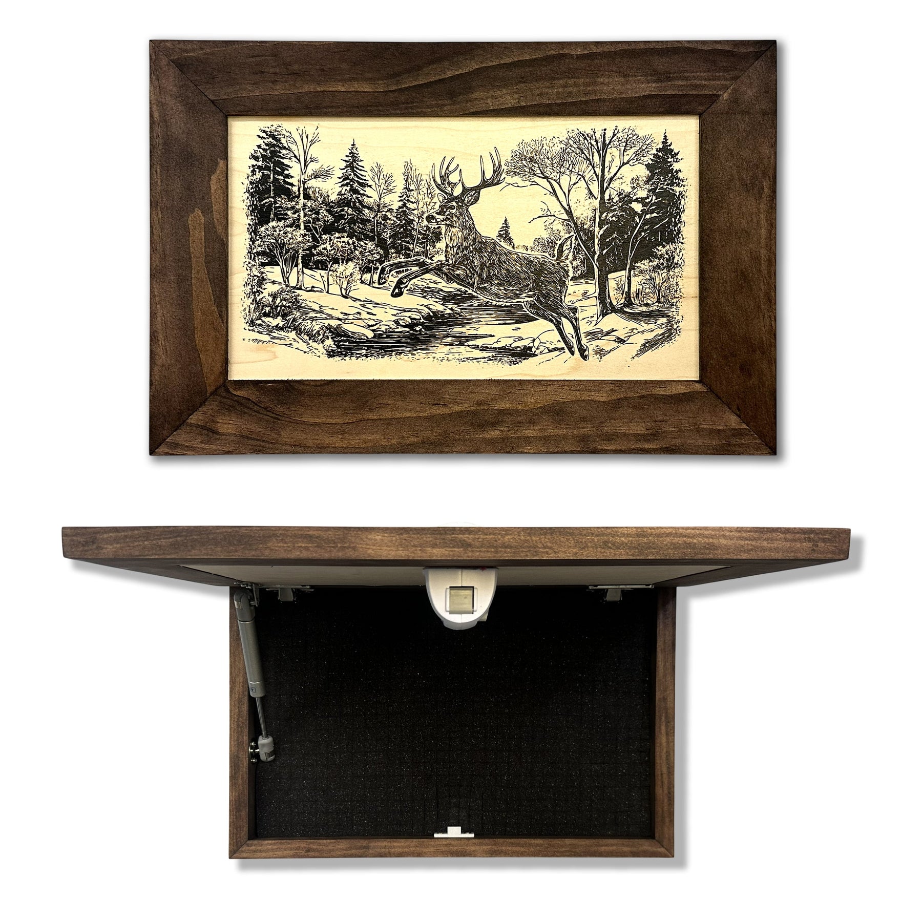 Leaping Deer Gun Concealment Furniture - Handcrafted Hidden Gun Storage Wall Decor - Hidden Safe Furniture with Magnetic Lock for Quick Access - Made in USA
