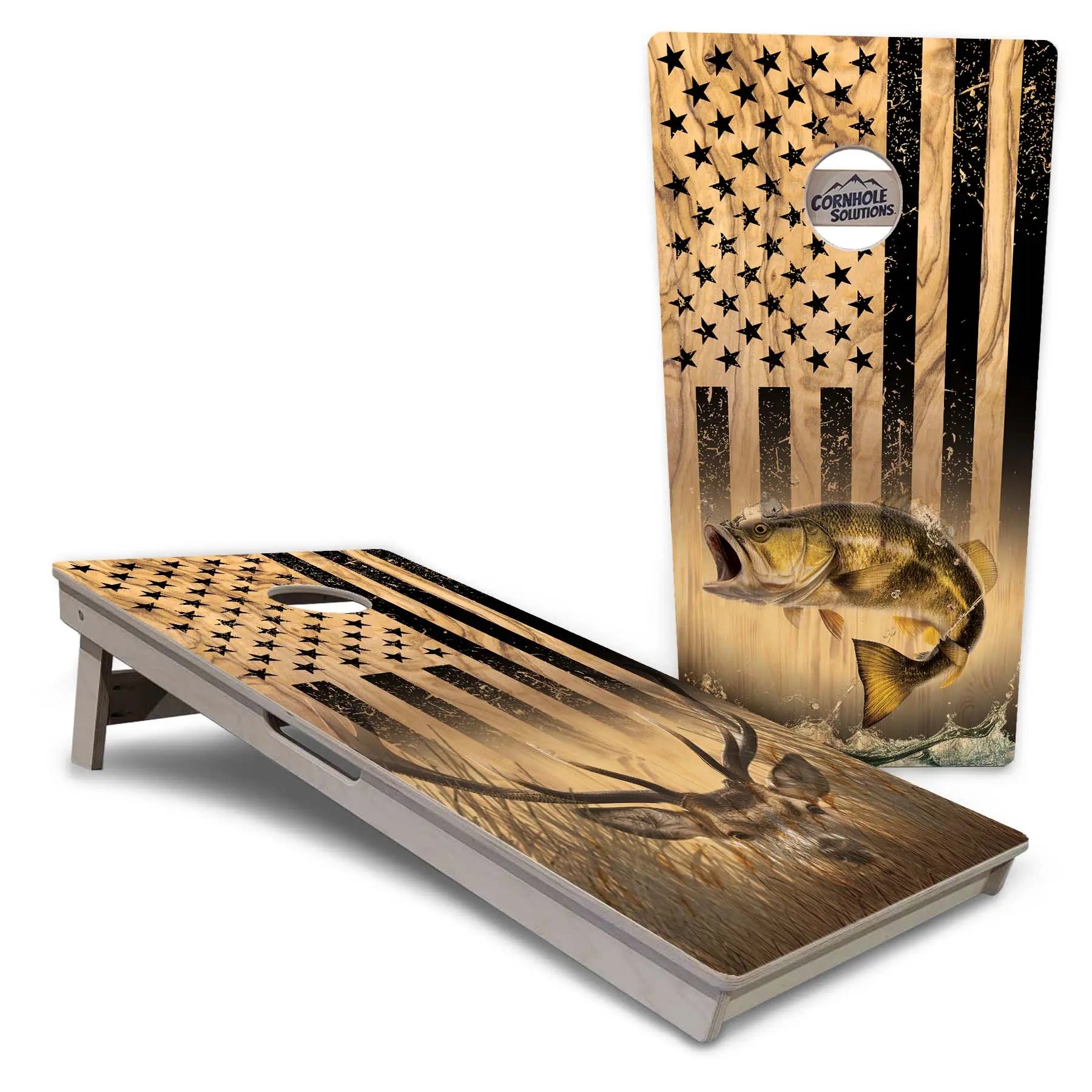 Light Wood Flag Deer & Fish Cornhole Boards - Professional Tournament Series Cornhole Solutions