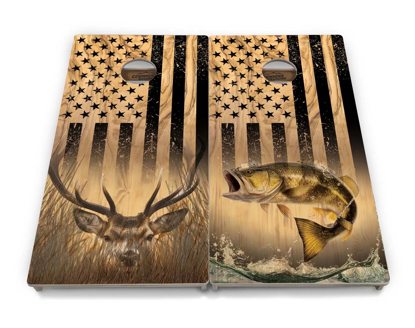 Light Wood Flag Deer & Fish Cornhole Boards - Professional Tournament Series Cornhole Solutions