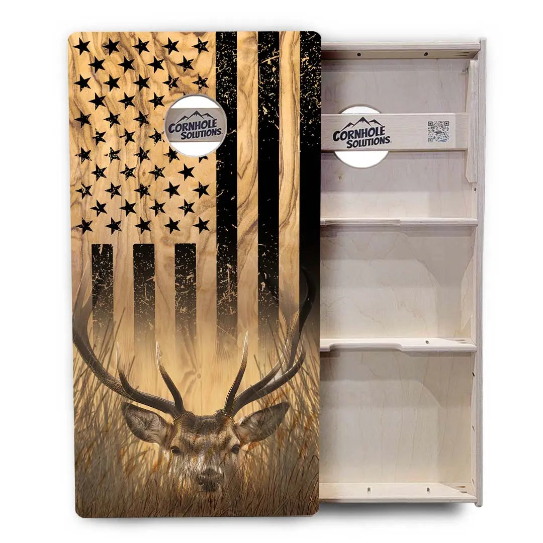 Light Wood Flag Deer & Fish Cornhole Boards - Professional Tournament Series by Cornhole Solutions, custom cornhole board detail photo 3