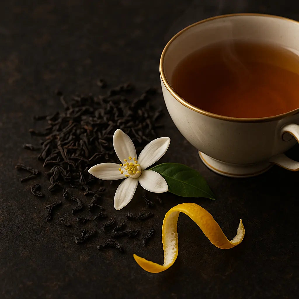 Earl Grey lip balm ingredients: a cup of tea, tea leaves, a white flower, and a lemon peel on a dark surface.