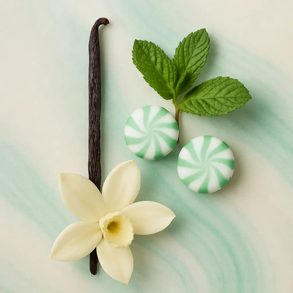 Vanilla bean, vanilla flower, mint leaves, and mint candies on a light green surface for Main Street Collective lip balm ingredients.