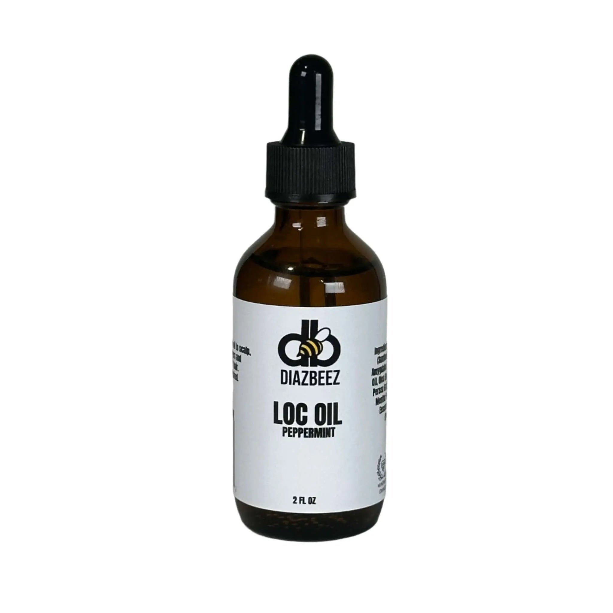 Diaz Beez LOC OIL Peppermint in a brown glass bottle with a dropper, product for hair care and styling.