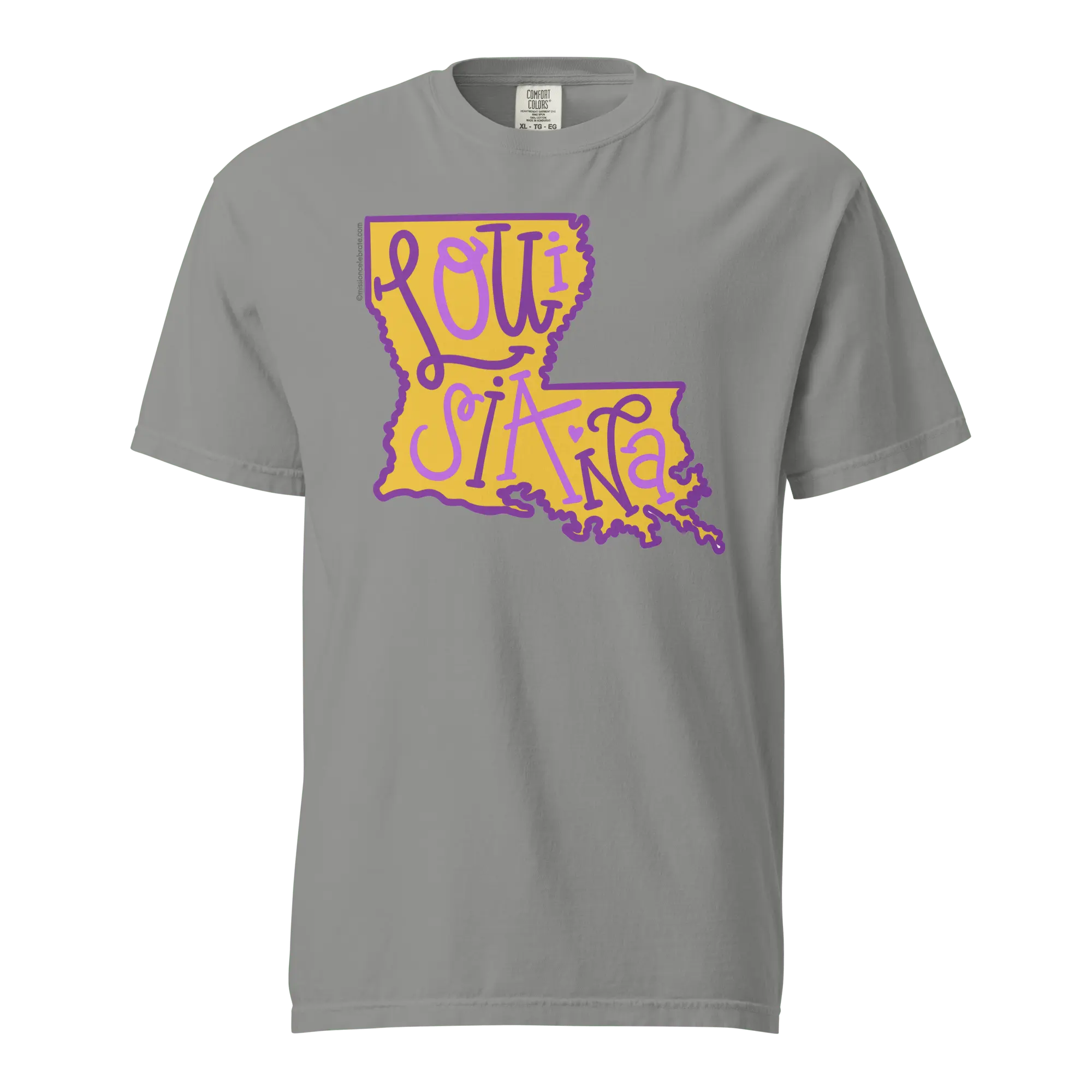 Louisiana T-Shirt: Purple & Gold State Design. Handlettered Art by Leslie Gonce. Main Street Collective.
