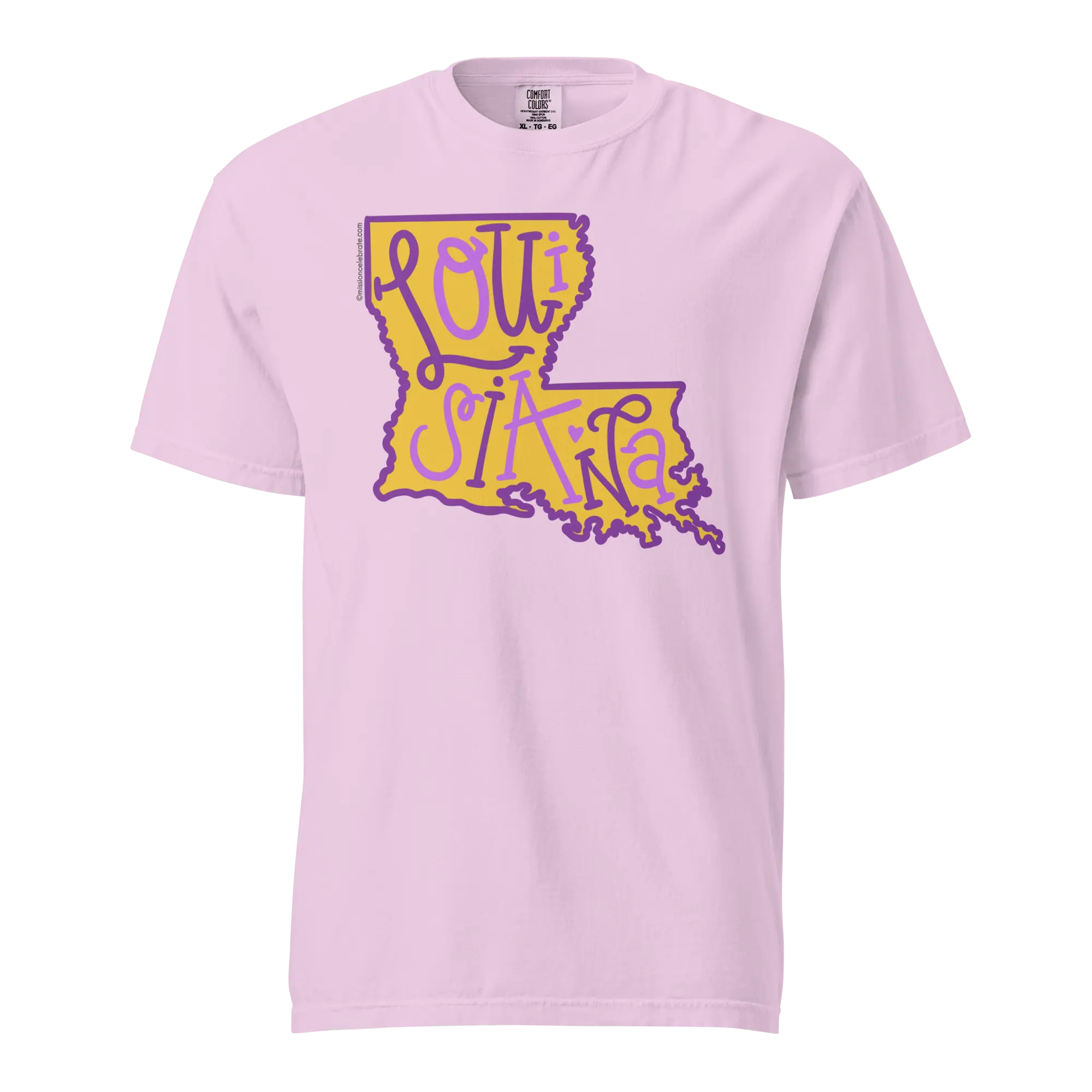 Louisiana State Map T-Shirt: Purple & Gold Handlettered Art on Pink Comfort Colors Tee