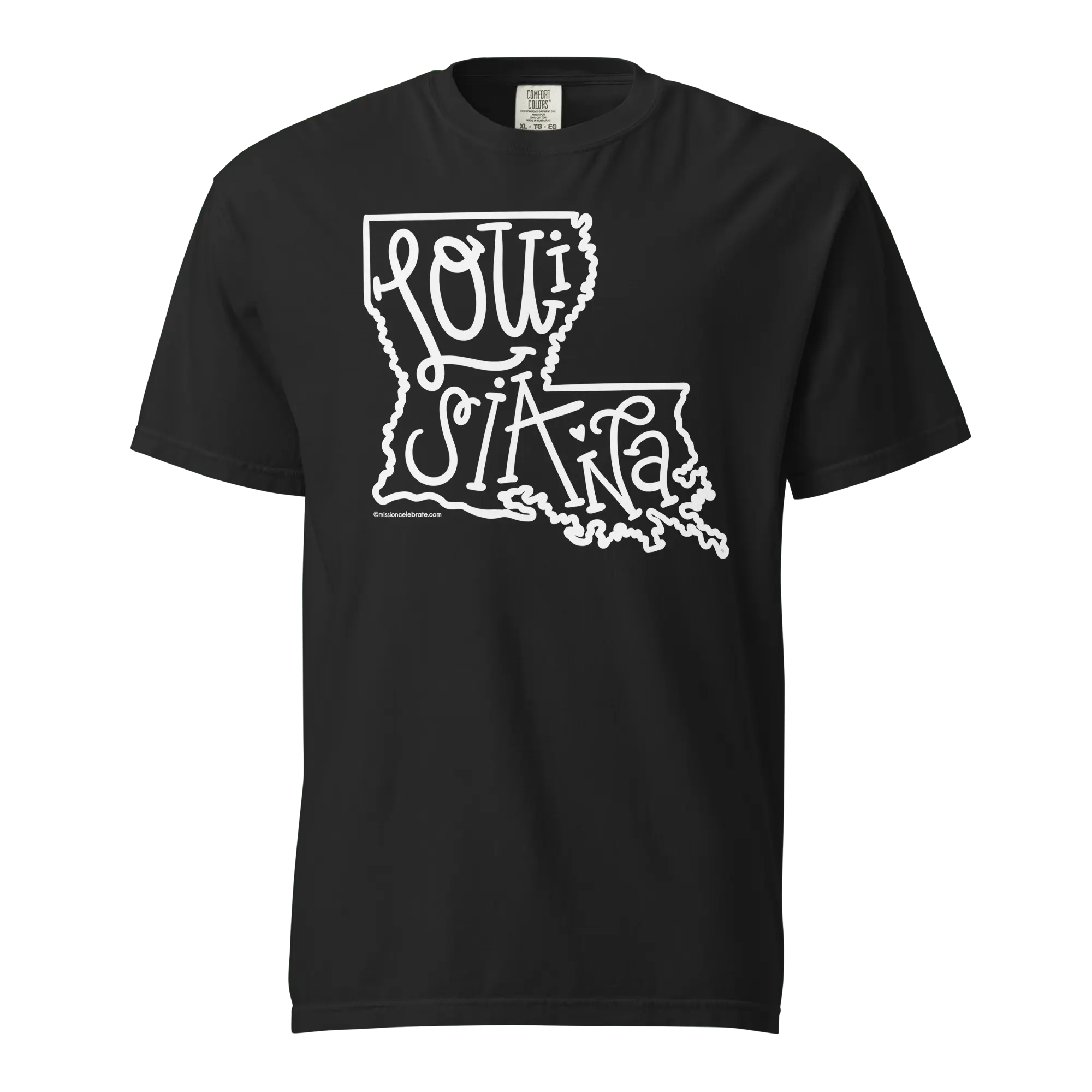 Louisiana T-Shirt - White State Outline with Bouncy Letters by Leslie Gonce - Comfort Colors Tee