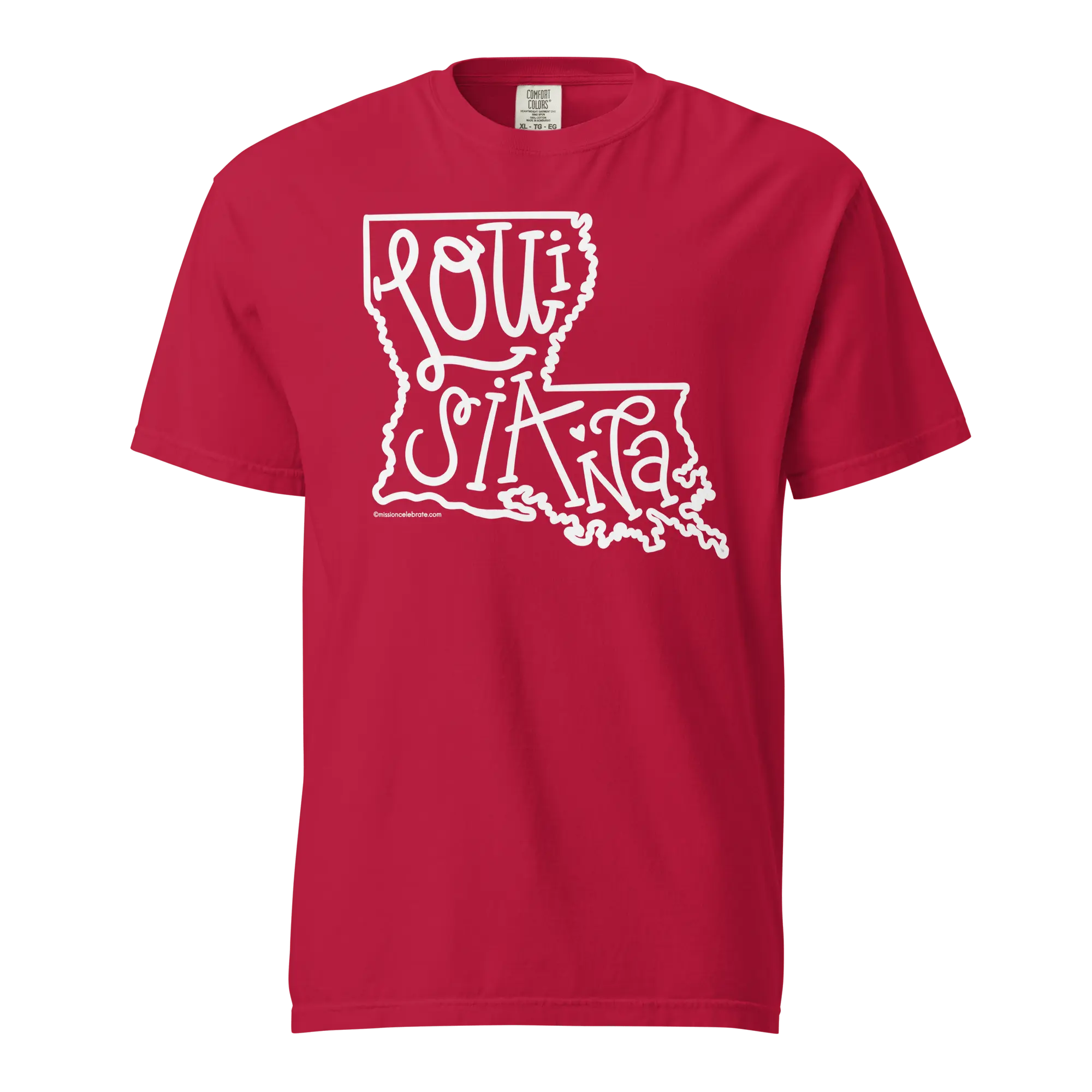 Louisiana T-shirt: White State Map with Hand-Lettered Text on Red Comfort Colors Tee