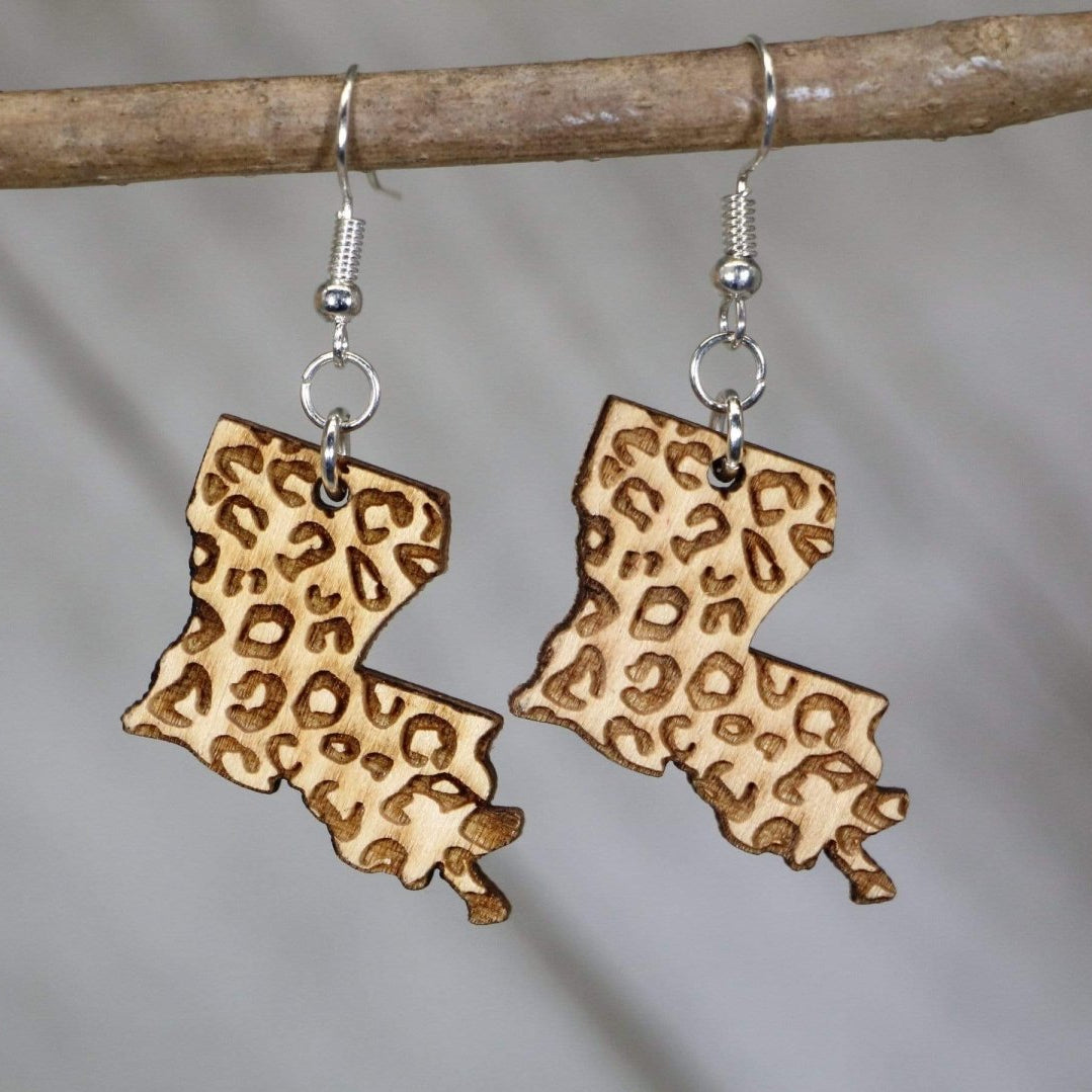 Louisiana State Cheetah Print Wooden Earrings | State Pride Jewelry