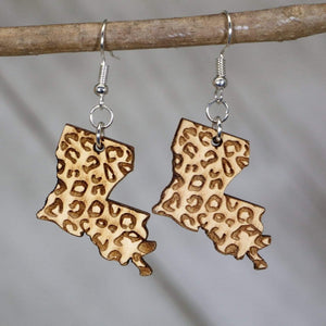 Louisiana State Cheetah Print Wooden Earrings | State Pride Jewelry detail view by Cate's Concepts, LLC
