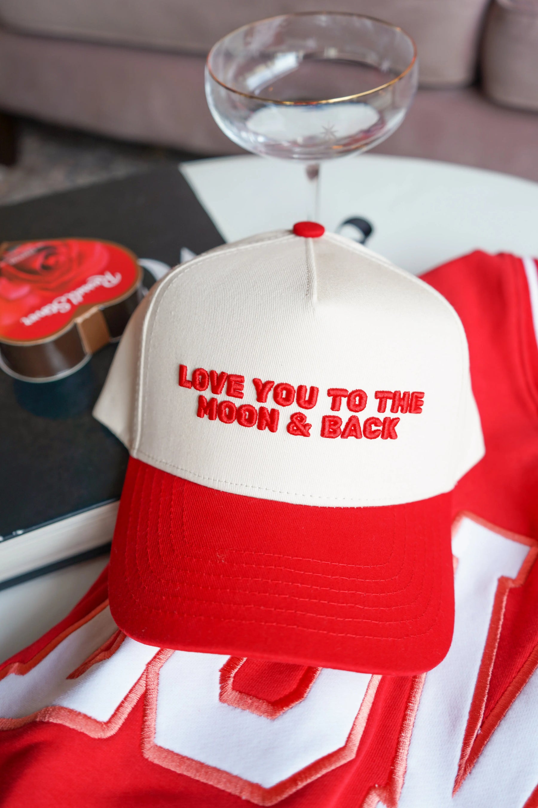 Love you to the Moon - Red Vintage Trucker Hat by KenzKustomz, Southern lifestyle apparel main product photo
