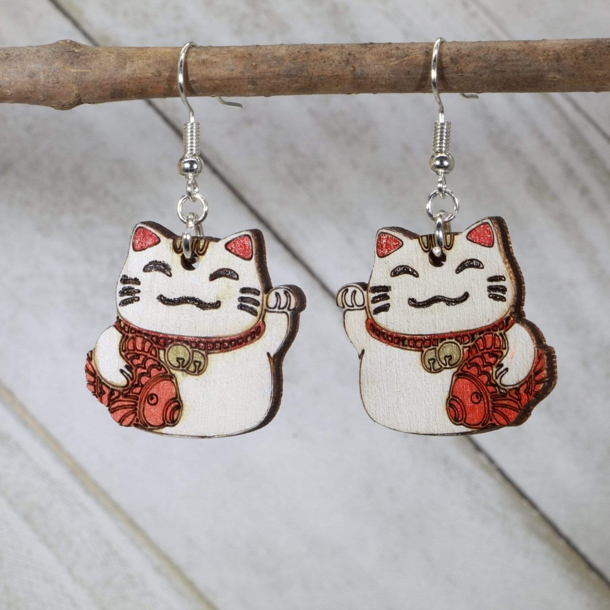 Lucky Cat Wooden Earrings | Maneki Neko Japanese Jewelry by Cate's Concepts, LLC, handmade jewelry main product photo