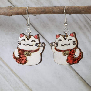 Lucky Cat Wooden Earrings | Maneki Neko Japanese Jewelry