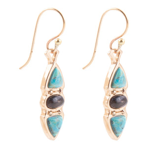 Blue Turquoise and Grey Labradorite Golden Drop Earrings