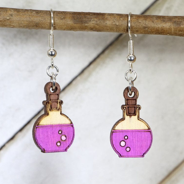 Mad Scientist Potion Bottle Wooden Dangle Earrings | Fantasy Jewelry