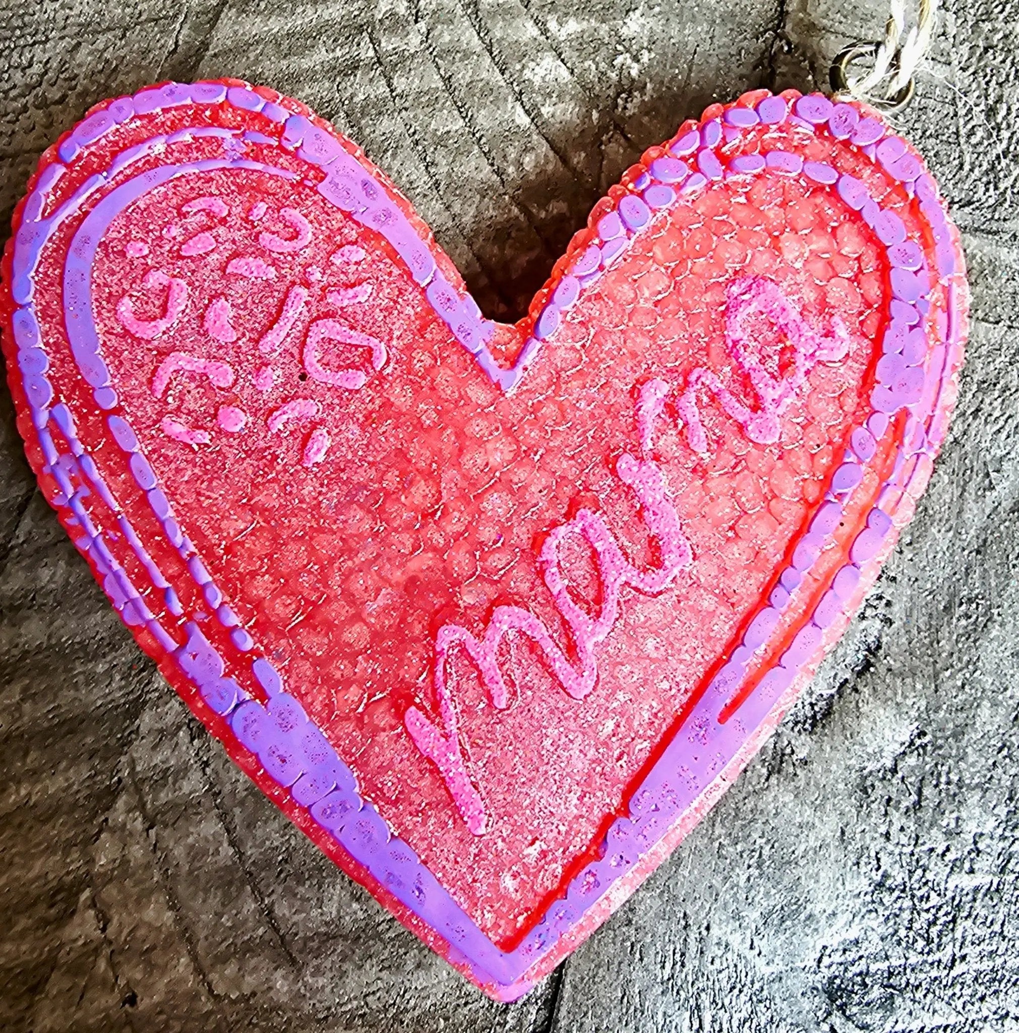 Main Street Collective MAMA HEART Car Freshie: Handmade Aroma Bead Air Freshener, Heart Shape, Red and Purple