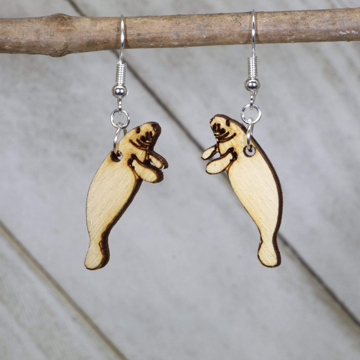Manatee Wooden Dangle Earrings | Realistic Sea Life Jewelry by Cate's Concepts, LLC, handmade jewelry main product photo