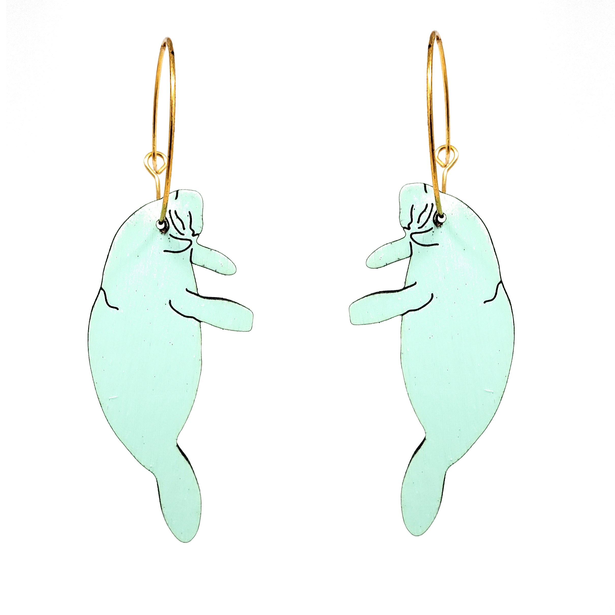 Additional view of Manatee Hoop Earrings, 2 Colors Available hand painted on lightweight wood by LE CHIC MIAMI