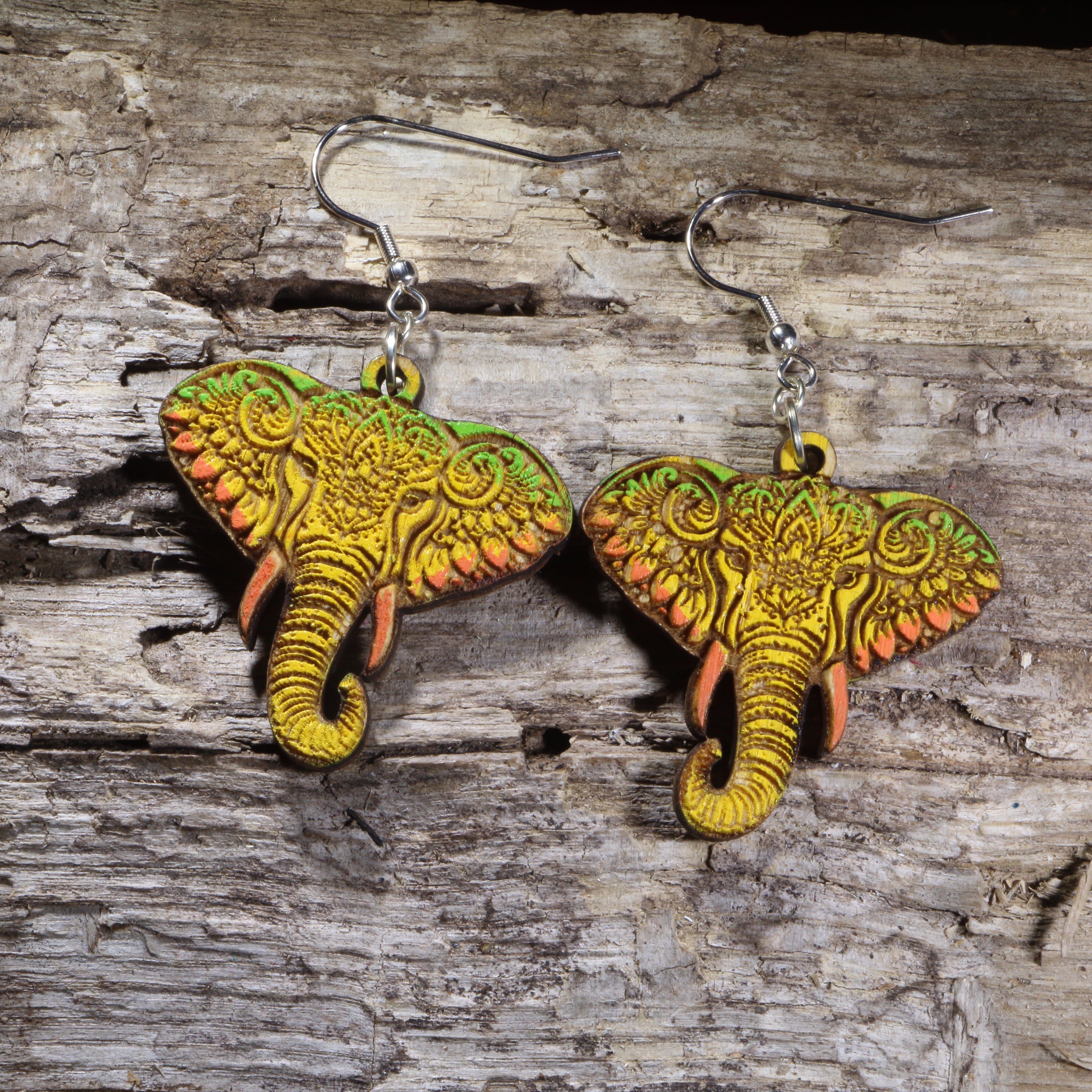 Mandala Elephant Wooden Dangle Earrings | Boho Animal Jewelry by Cate's Concepts, LLC