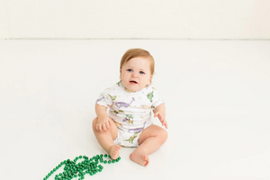 Mardi Gras-Saurus Organic Cotton Mardi Gras Onesie by Nola Tawk, Southern lifestyle apparel detail photo 3