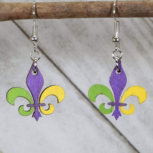 Mardi Gras Fleur-de-lis Wooden Dangle Earrings | New Orleans Jewelry