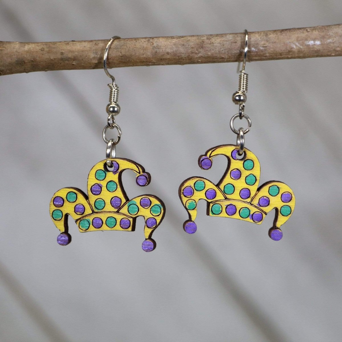 Mardi Gras Jester Hat Wooden Earrings | New Orleans Carnival Jewelry by Cate's Concepts, LLC, handmade jewelry main product photo