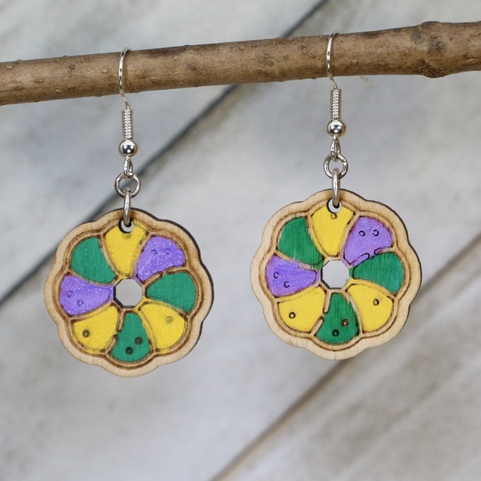Mardi Gras King Cake Wooden Dangle Earrings | Louisiana Jewelry detail view by Cate's Concepts, LLC