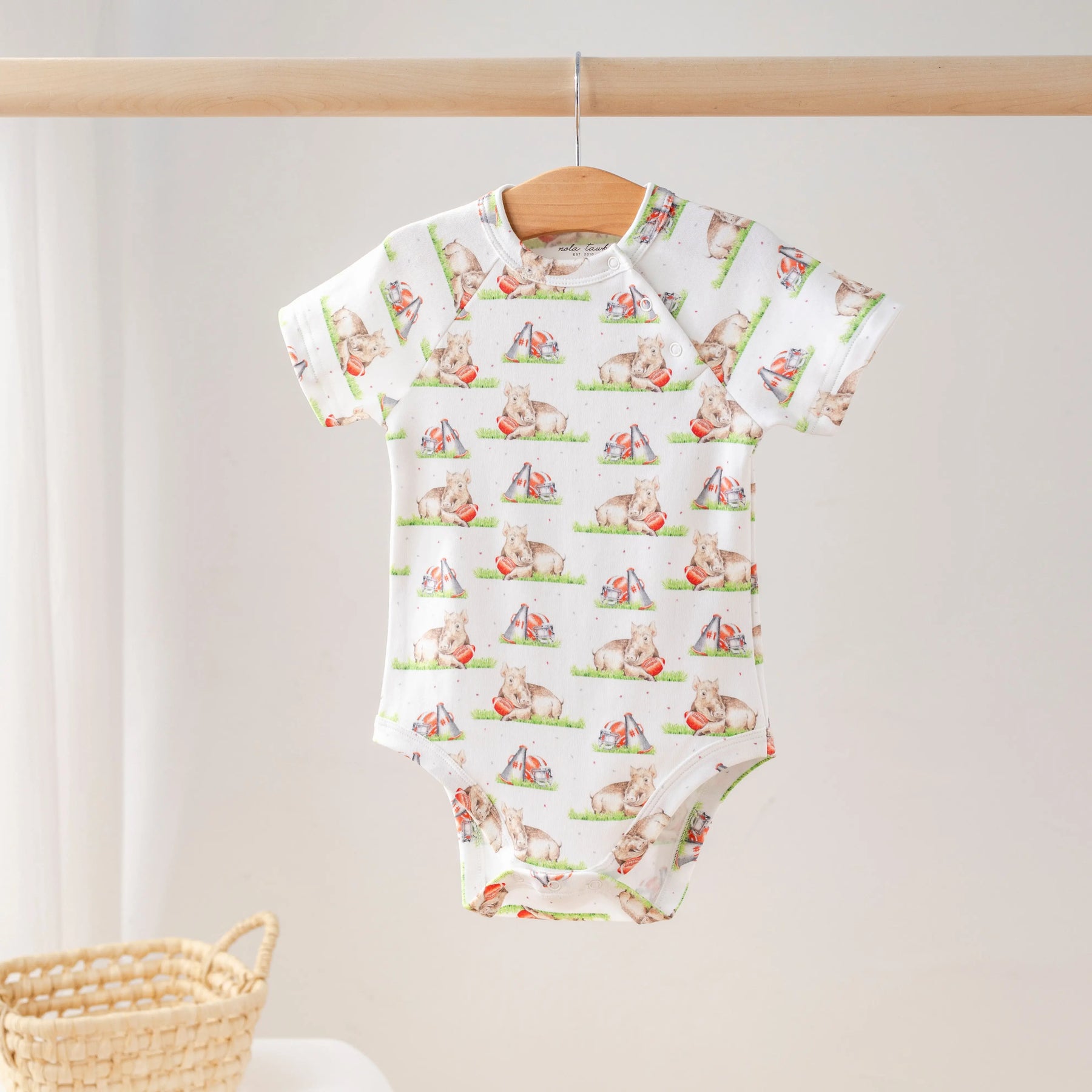 Mascot Mania in Arkansas Organic Cotton Onesie by Nola Tawk, Southern lifestyle apparel main product photo