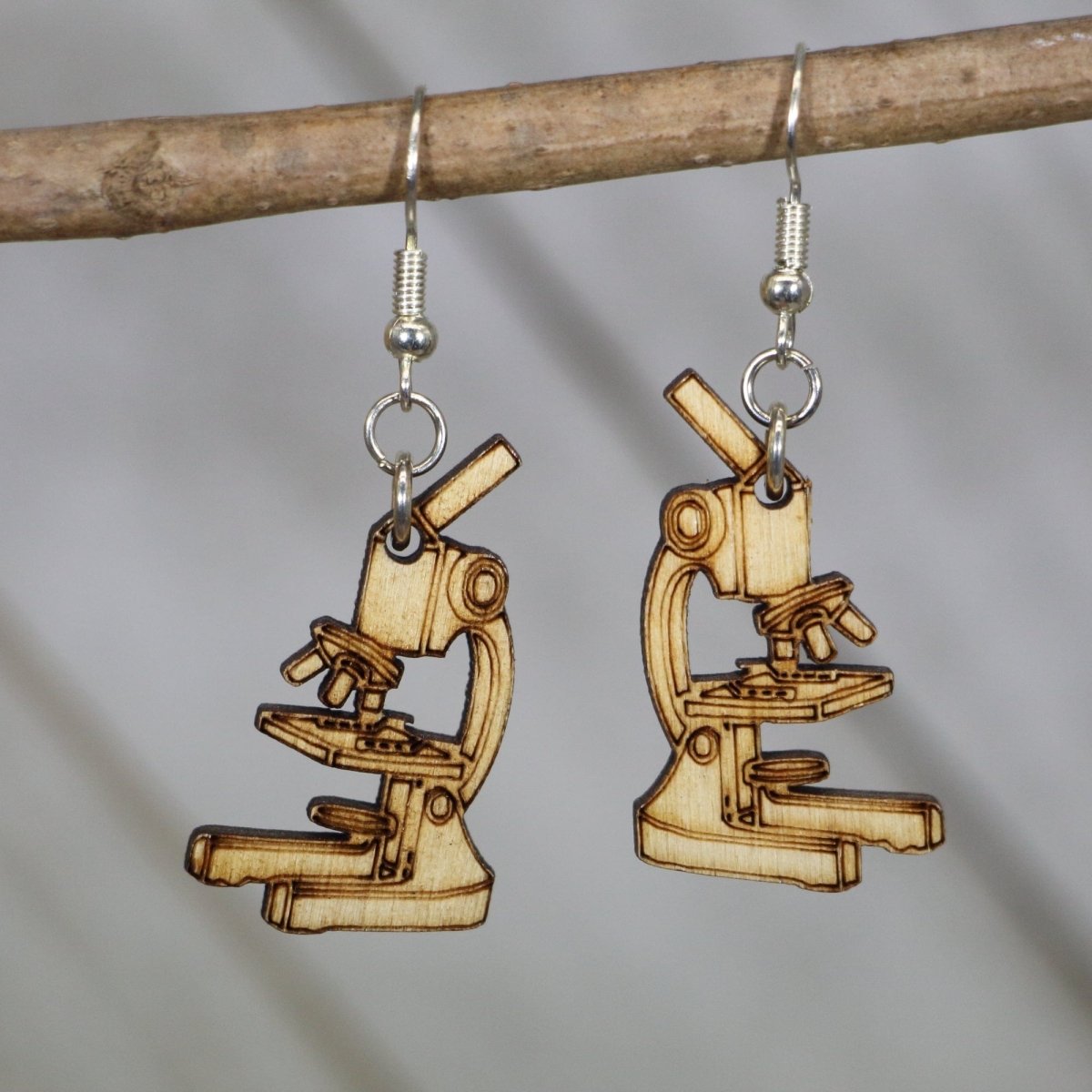 Microscope Wooden Dangle Earrings | Science Teacher Jewelry