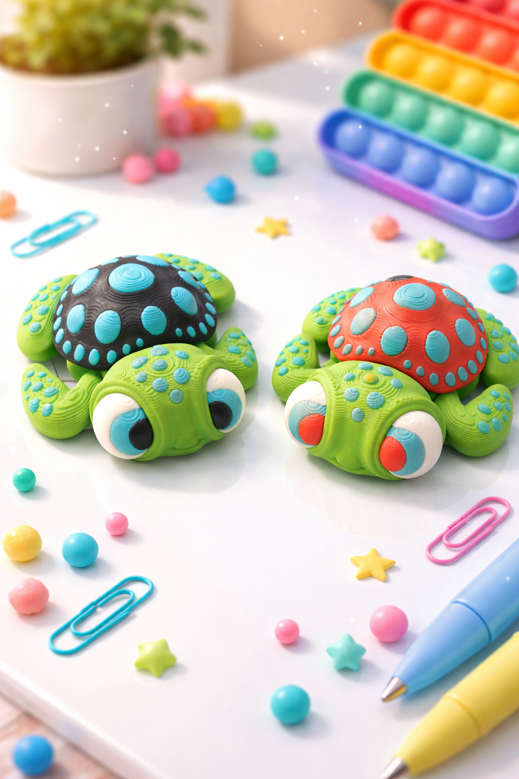 Two fidget turtles with colorful shells on a white desk with pens, paperclips, and candy balls.