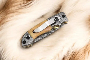 Mini folding knife | Bone Handle pocket knife | 3 inch blade by Damascus Knife Store, Damascus knife detail photo 5