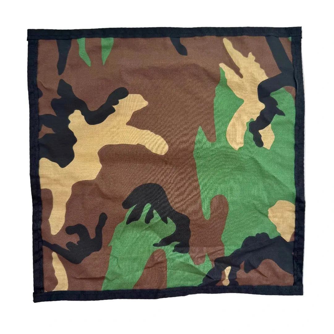 Brown, green, and black camouflage bandana with black binding