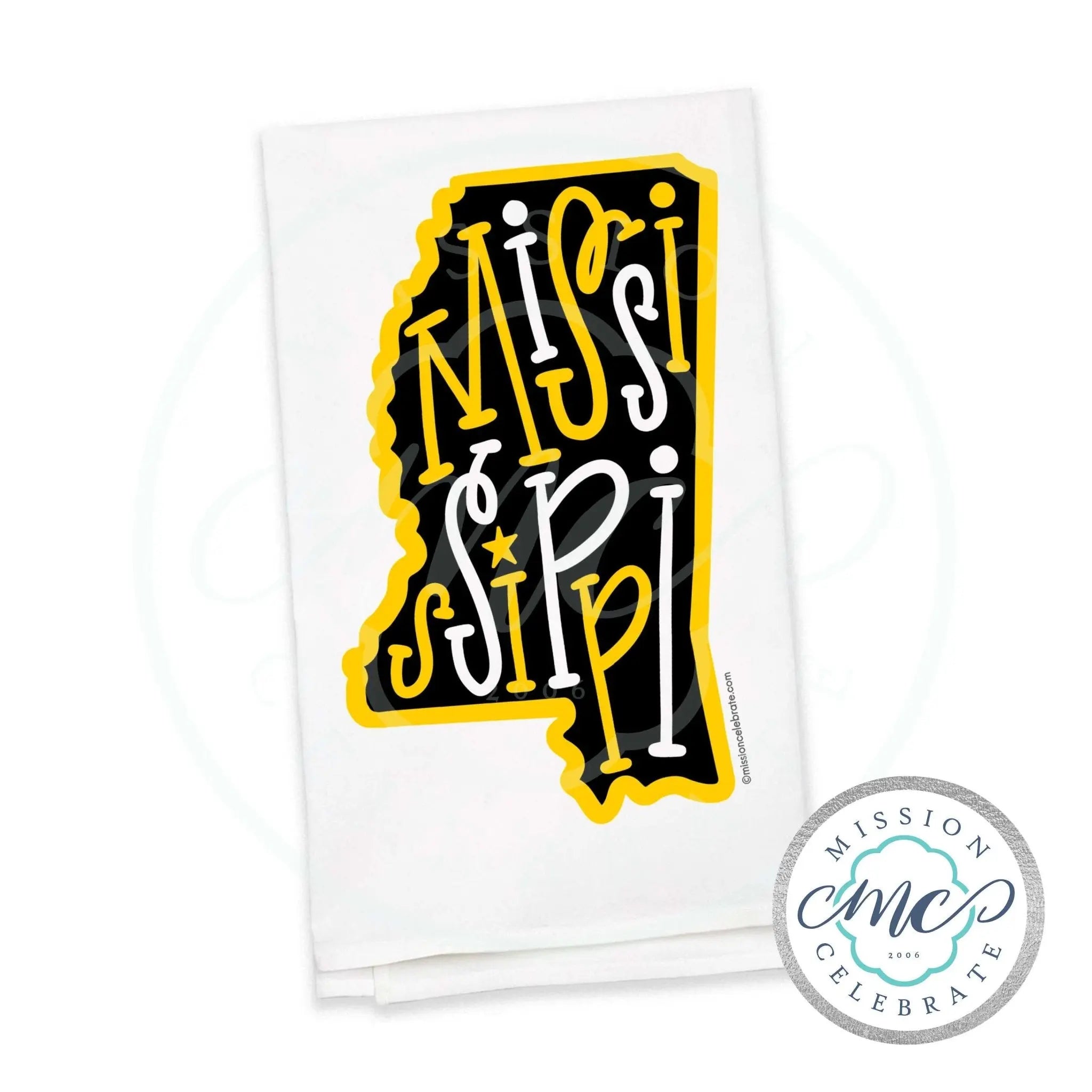 Mississippi Tea Towel: Black & Gold Hand-Lettered Flour Sack Towel | Southern Decor
