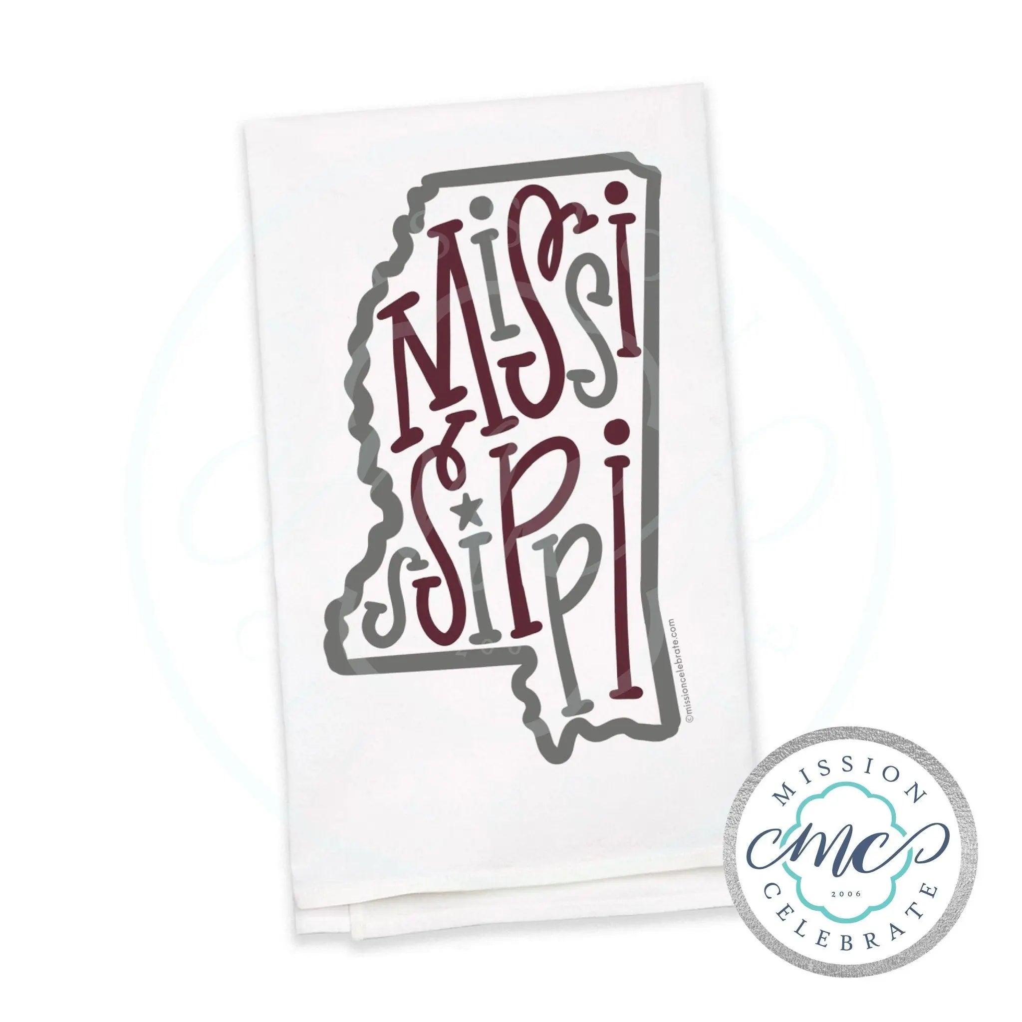 Mississippi Tea Towel: Maroon & Gray Hand-Lettered State Map Flour Sack Kitchen Towel by Main Street Collective