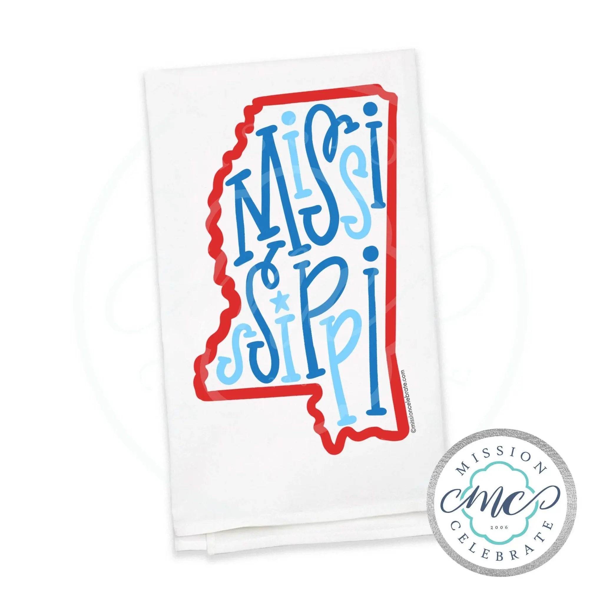 Mississippi Tea Towel: Red & Blue State Map Design, Kitchen Decor