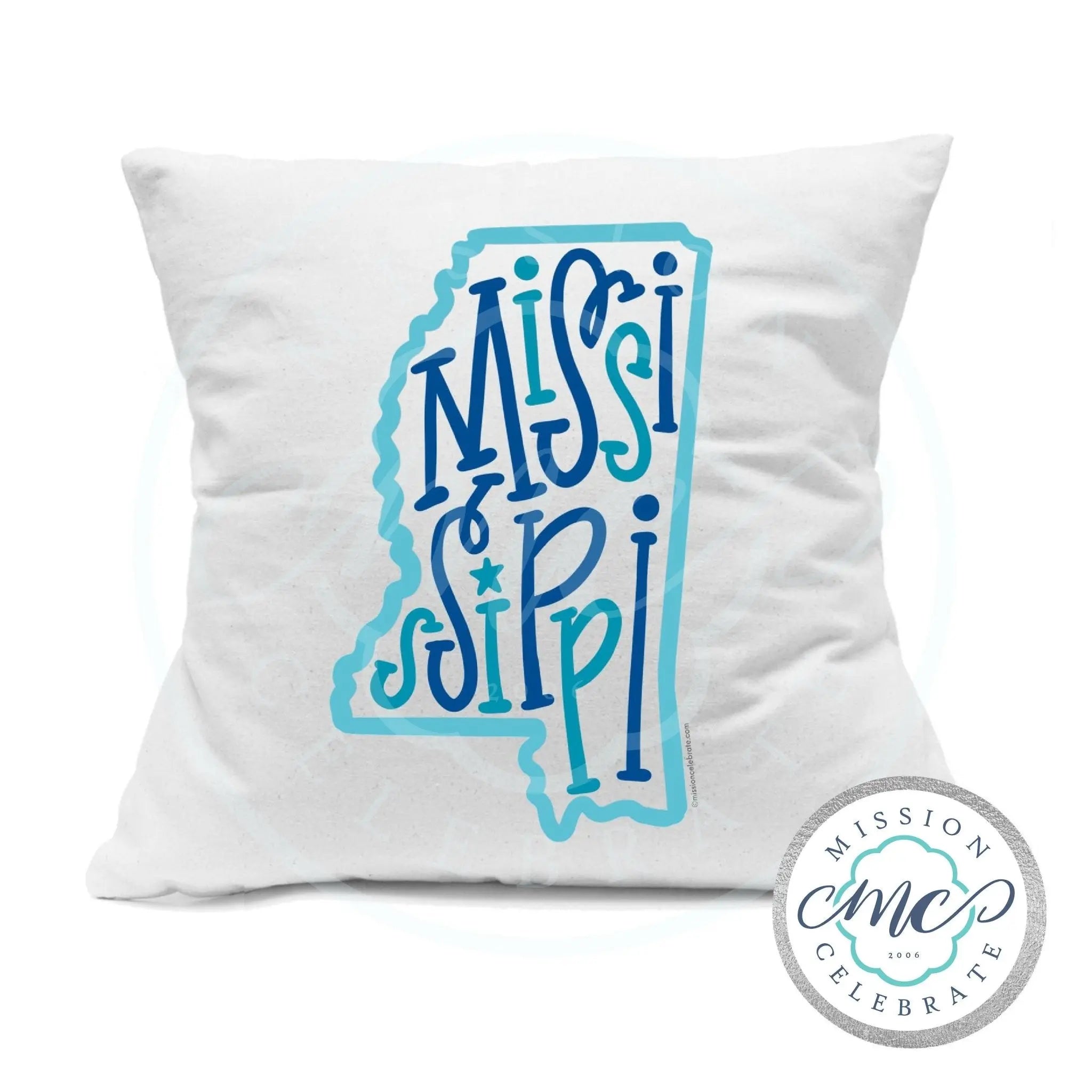 Mississippi Pillow: Bouncy Handlettered State Art - Blues. Main Street Collective.