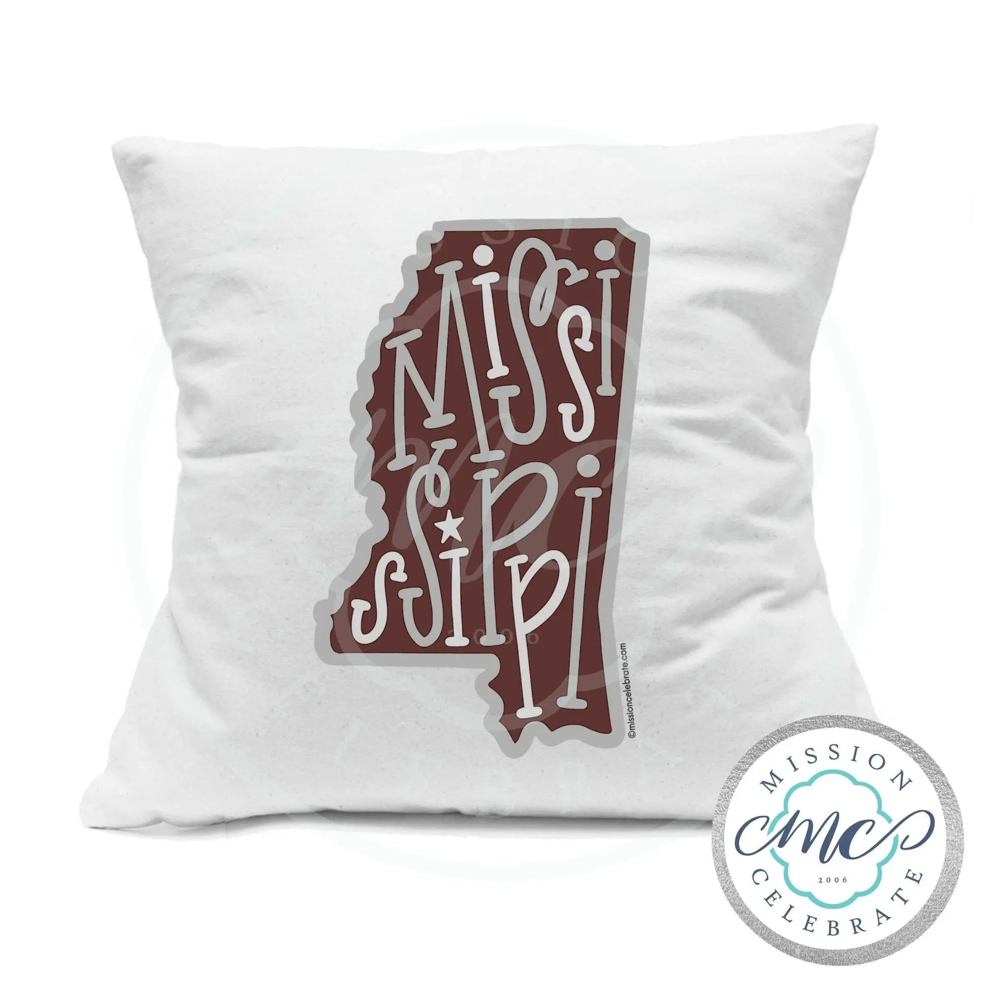 Mississippi Pillow: Maroon State Outline, White Lettering, Home Decor