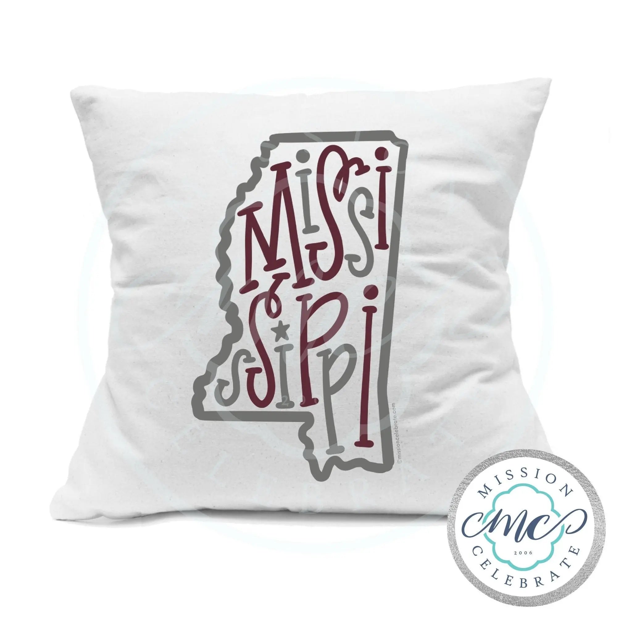 Mississippi Bouncy Letters Pillow Cover: Maroon & Gray Art on White Cotton - 18x18 Decorative Pillow