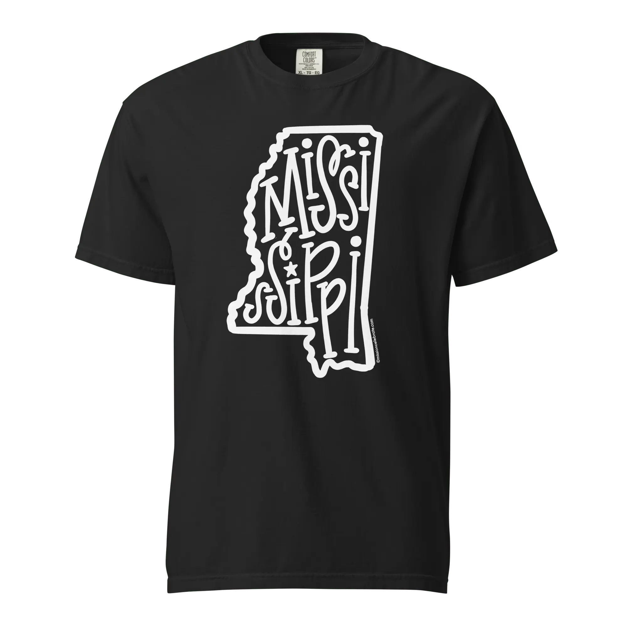 Mississippi T-shirt - Black Comfort Colors Tee with Handlettered State Outline by Leslie Gonce | Main Street Collective