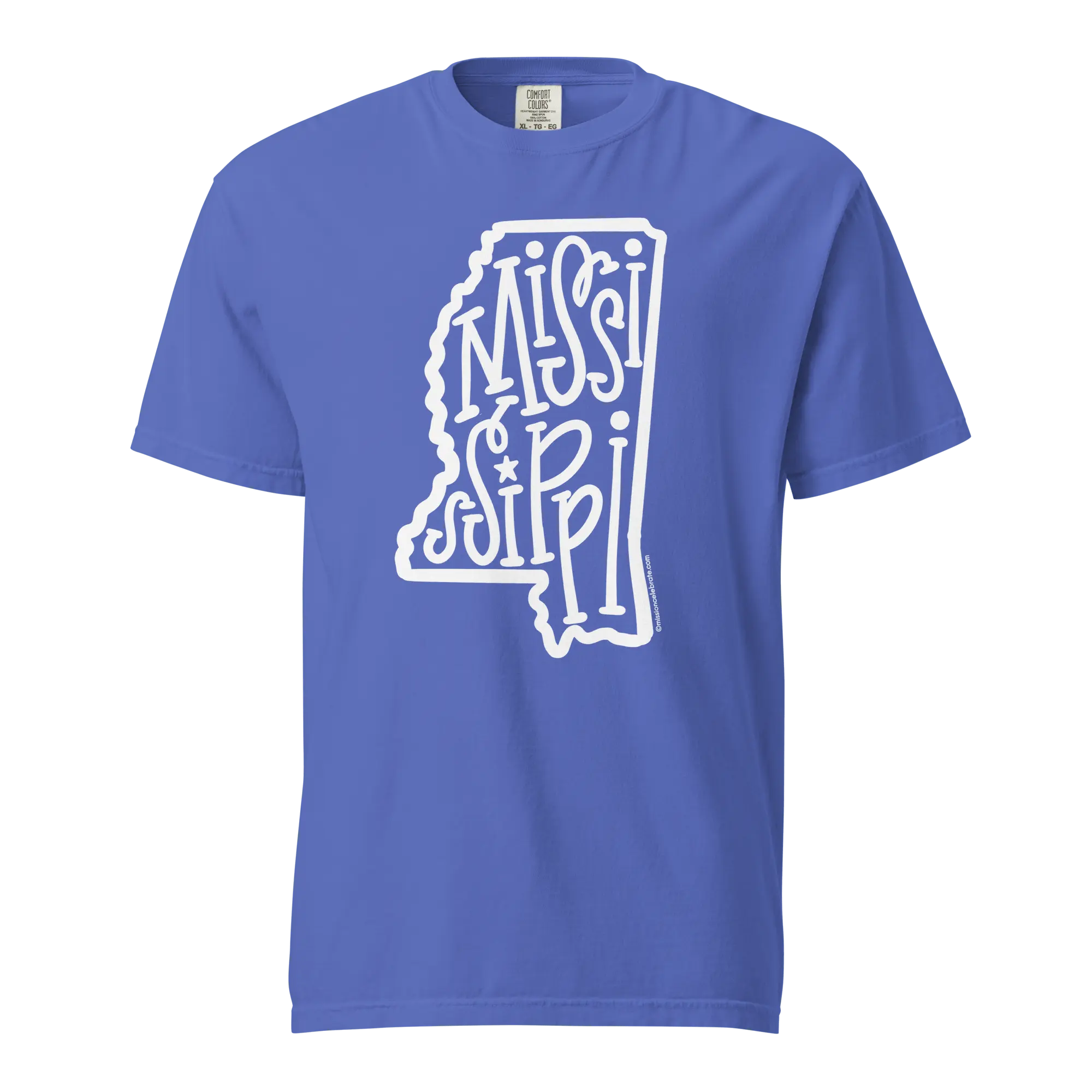 Mississippi T-shirt: Comfort Colors tee with hand-lettered state outline design. State Pride Apparel.