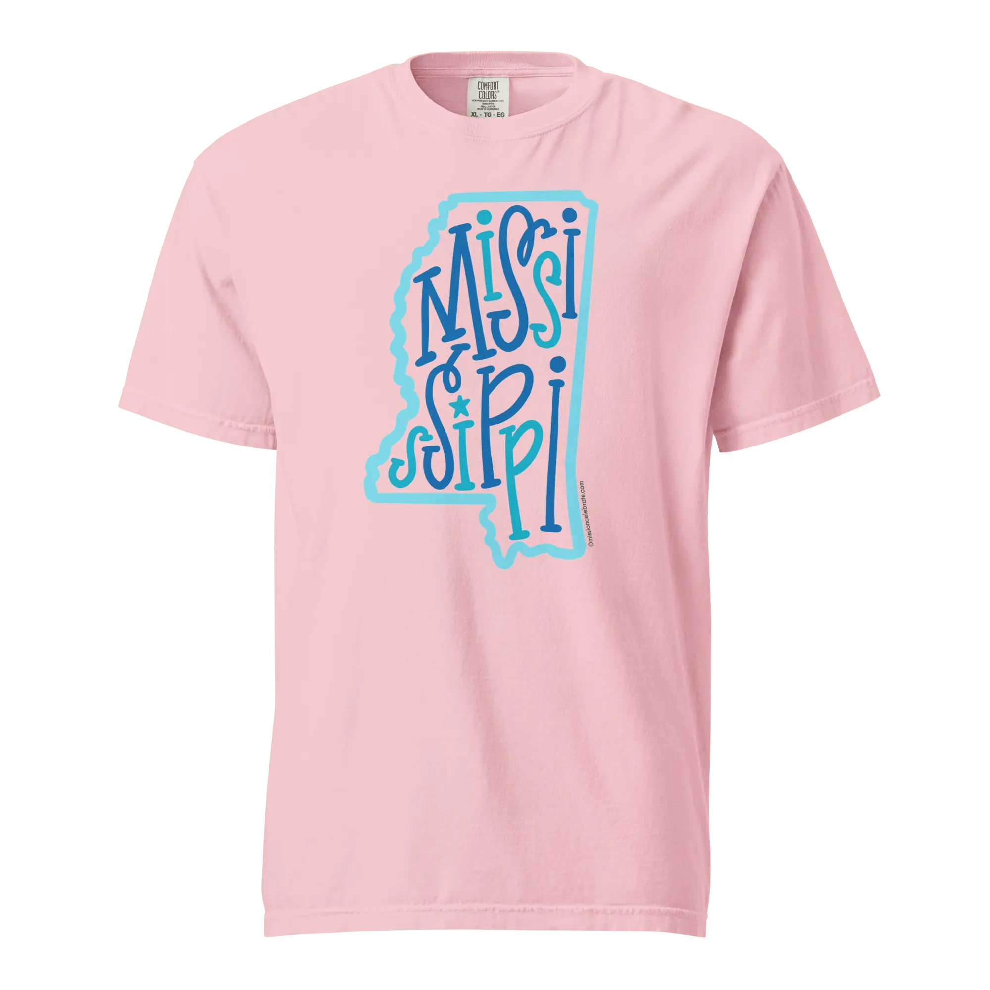 Mississippi Bouncy Letters Handlettered Art by © Leslie Gonce Comfort Colors Short Sleeve Tee (MISSISSIPPI) Mission Celebrate