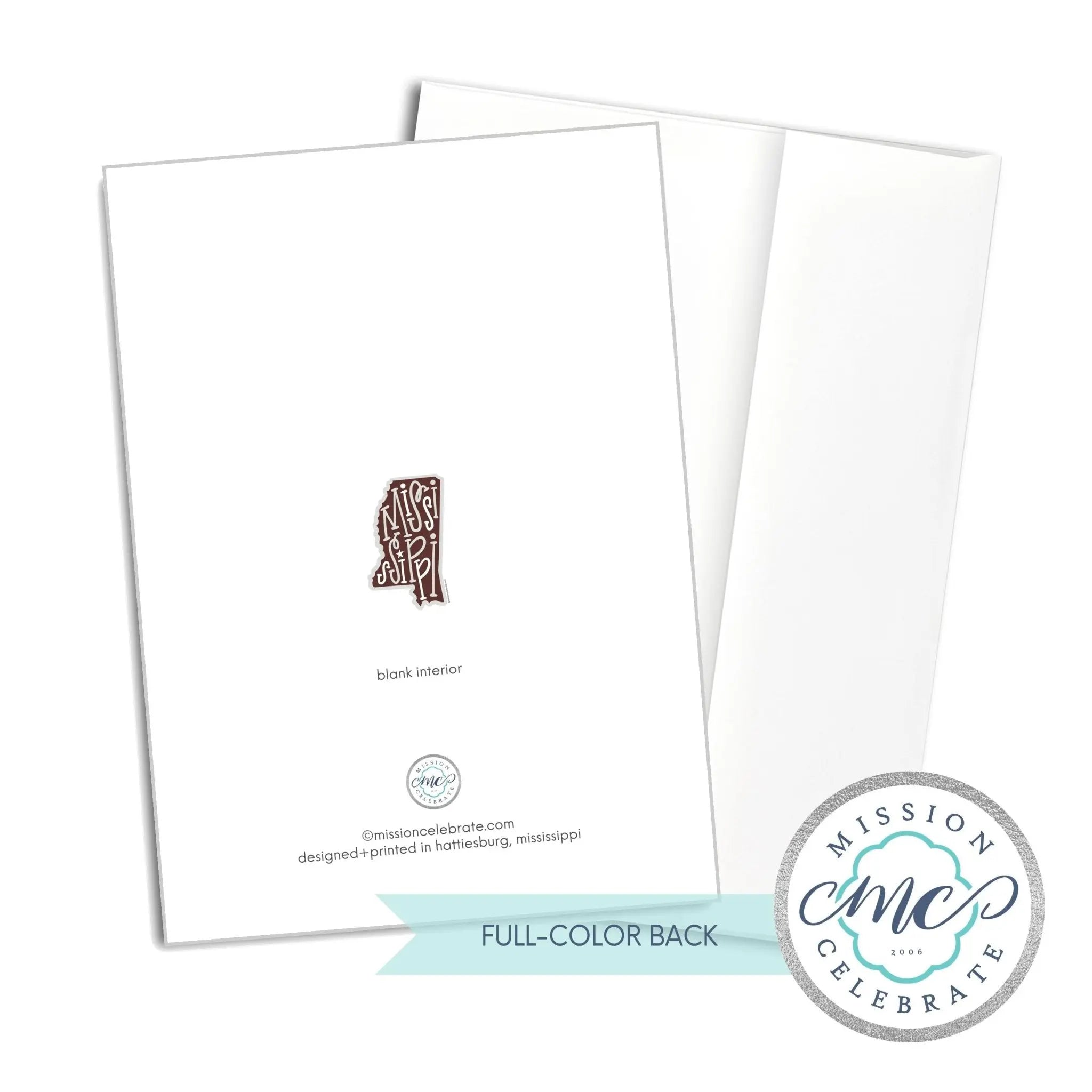 Mississippi greeting card: State art by Mission Celebrate. Blank inside for personal message. Full-color back.