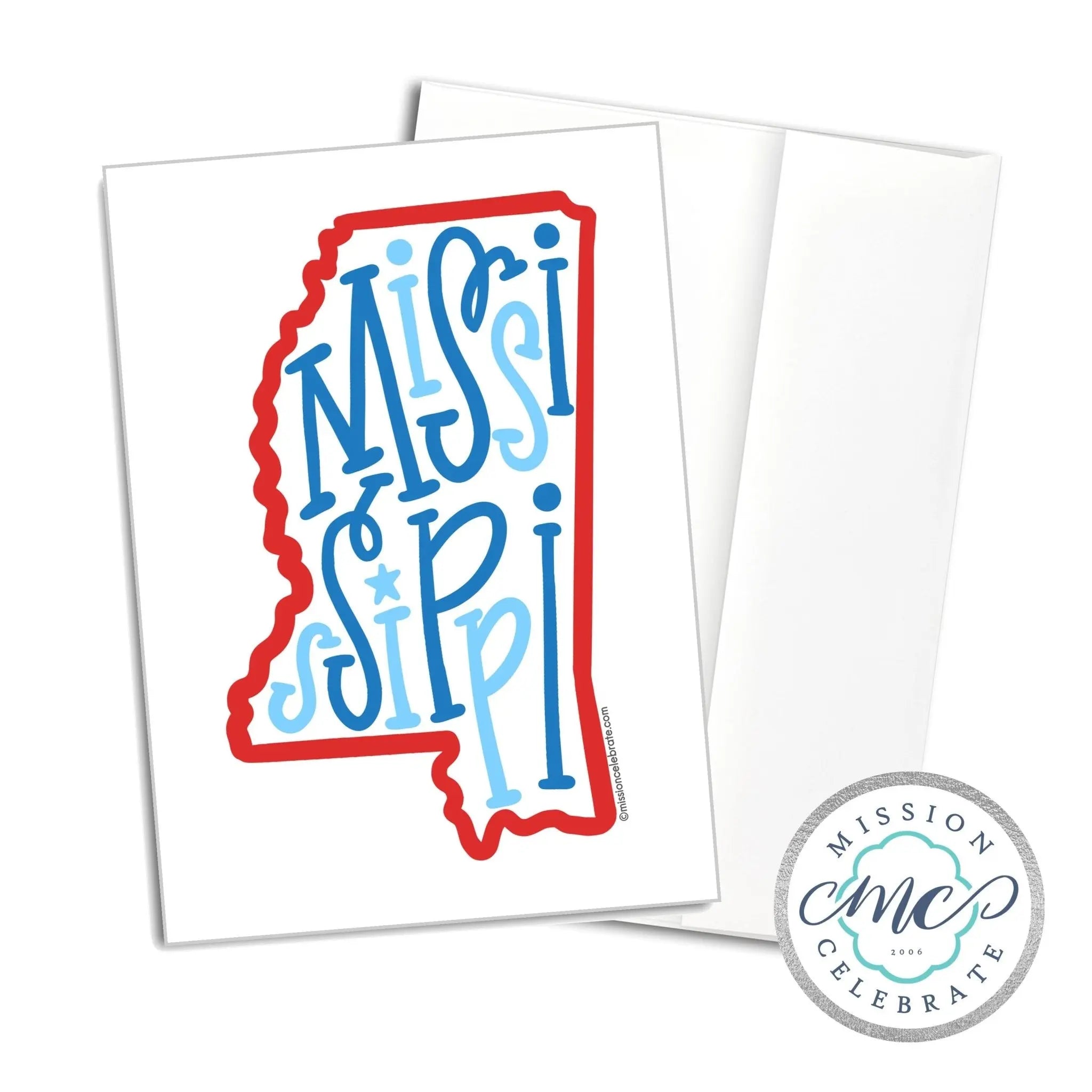 Mississippi Greeting Card - Handlettered Art, Bouncy Letters, Note Card, Red and Blue, Ole Miss Colors