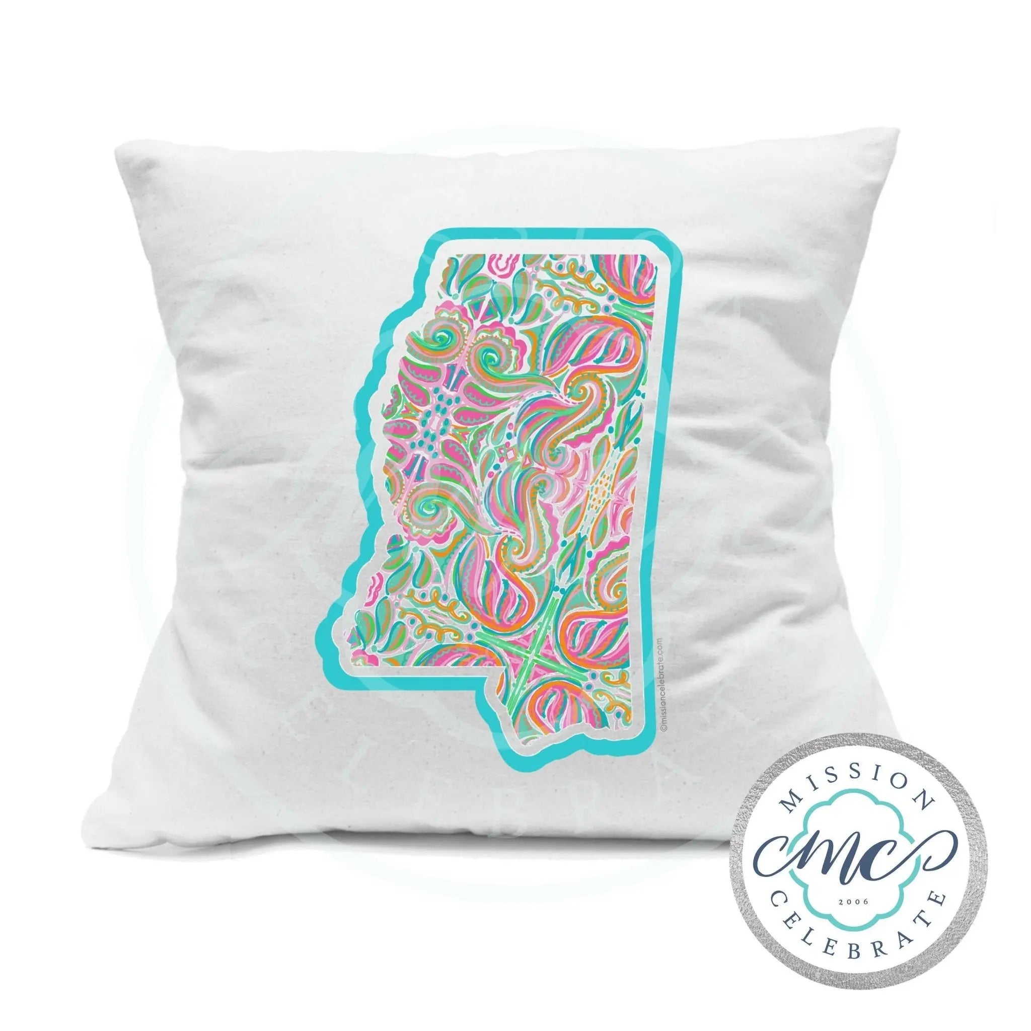 Mississippi State Art Pillow: Hand-Drawn Design on White Canvas, 18x18. State Pride Decor for Home & Dorm Rooms.
