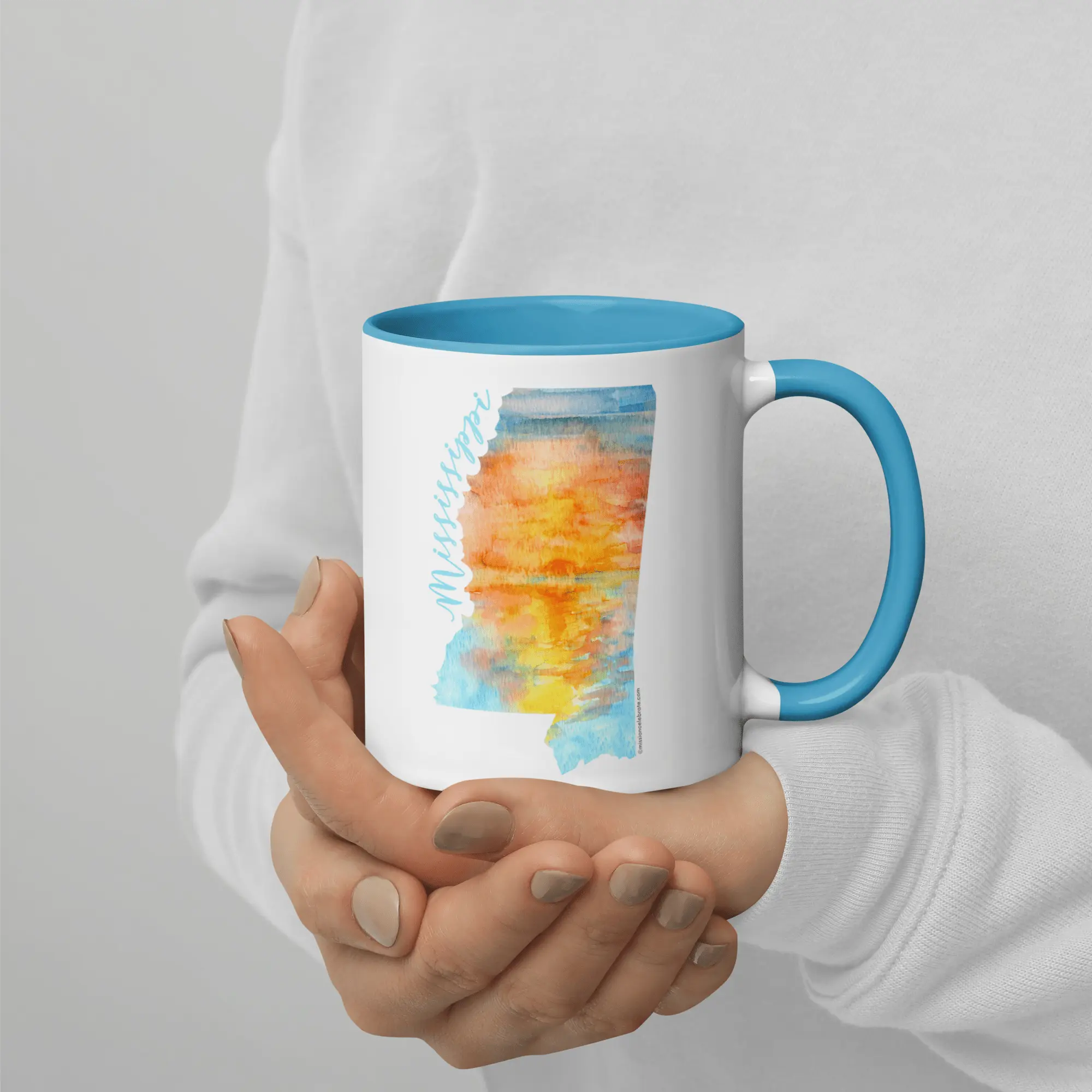 Mississippi Sunrise Art Mug by Leslie Gonce - Ceramic Coffee Cup with Blue Accents