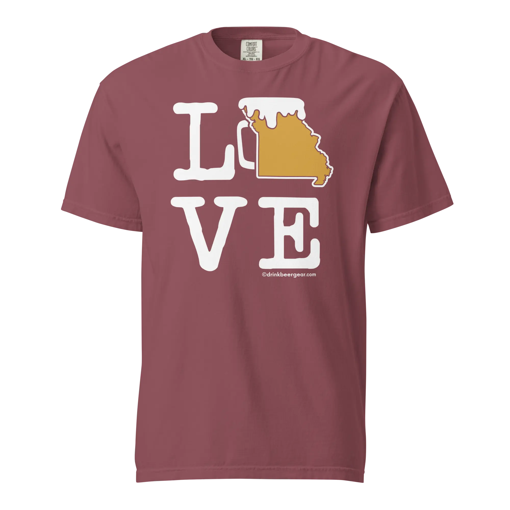 Maroon t-shirt with "LOVE" design. The "O" is a Missouri-shaped beer mug graphic with white foam. 'drinkbeergear.com' at the bottom.