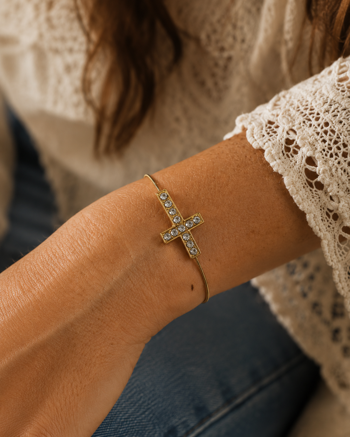 Gold Rhinestone Cross Guitar String Bracelet