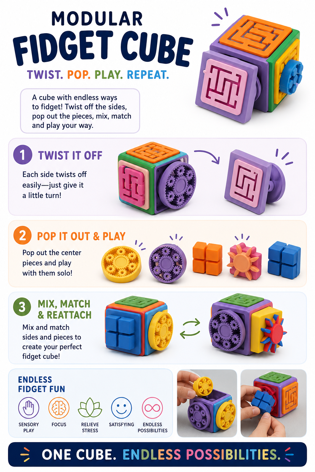 The Tween Space Modular Fidget Cube — Swappable Sensory Toy | 4 Inch by The Tween Space, 3D printed gift detail photo 2