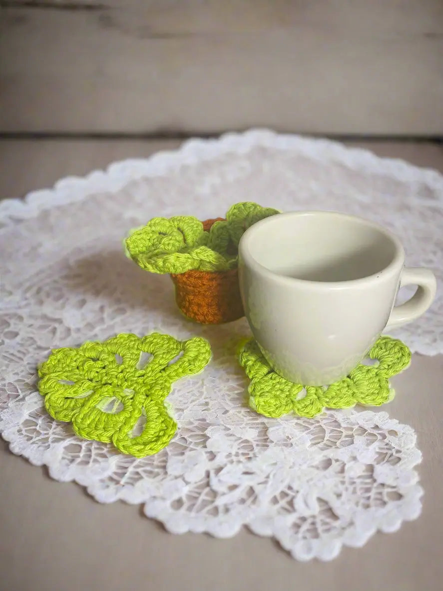 Handmade Crochet Monstera Leaf Coasters with Pot: Plant-Themed Home Decor, Unique, Green, Cozy, Cotton