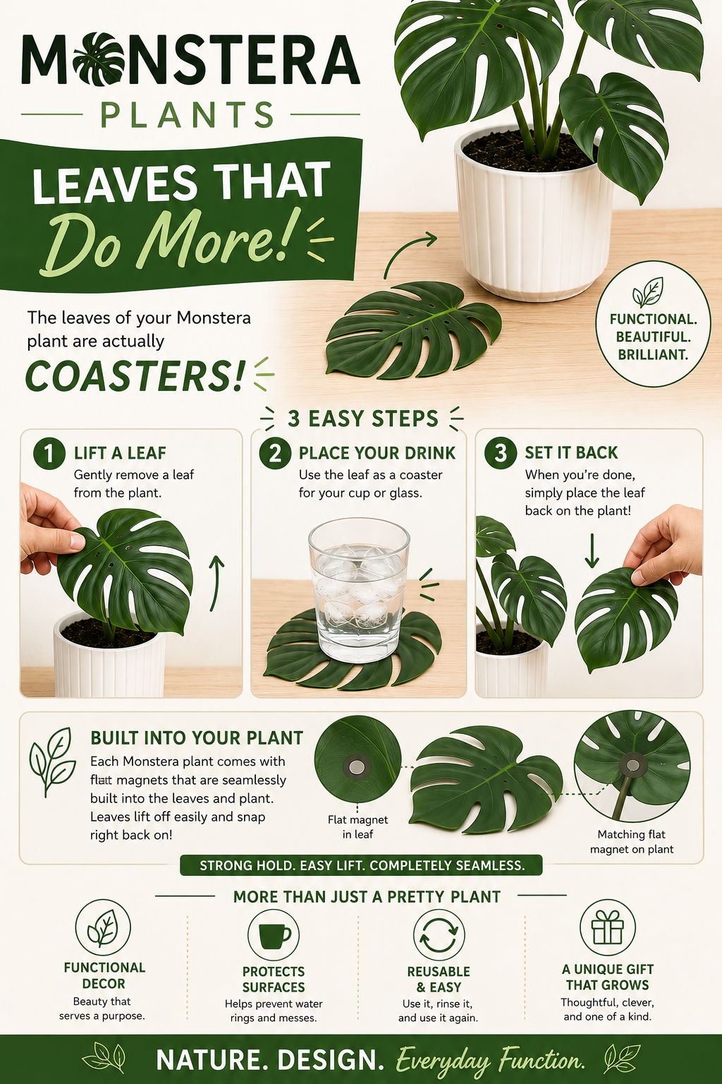 The Tween Space Monstera Coaster Set — Tropical Leaf Coasters with Display Holder | 3D Printed by The Tween Space, Southern home decor detail photo 4