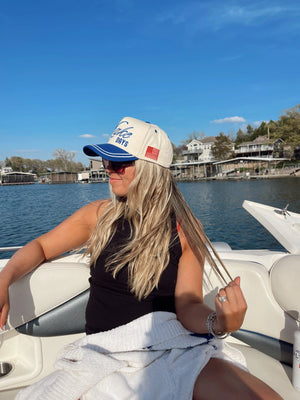 More Lake Days - Royal Blue Vintage Trucker Hat by KenzKustomz, Southern lifestyle apparel detail photo 5